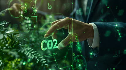 Wall Mural - Businessman touching green CO2 icon on virtual screen for carbon neutral and climate change with clean energy concept. E pigment print 