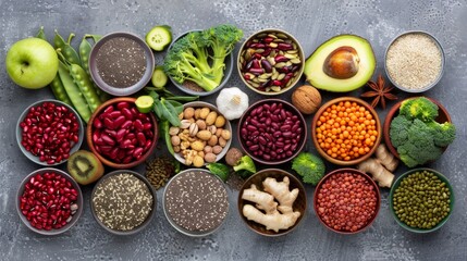 Wall Mural - A variety of fresh fruits, vegetables, grains, and nuts displayed in small bowls. This image captures the essence of healthy eating. AI