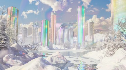 Wall Mural - winter scene of a futuristic rainbow shimmering window city with giant luxury towers surrounding a scenic lake, wintry scene covered by large banks of creamy piled snow 