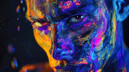 Wall Mural - Portrait of a pumped-up man at a disco. Fluorescent paint on face in with UV light