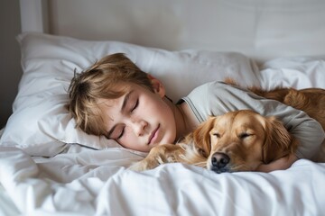 Poster - Teenage boy and dog sleeping together in white bed at home