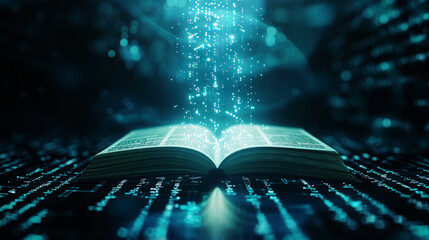 Wall Mural - Open book on abstract digital background, magic light coming from pages