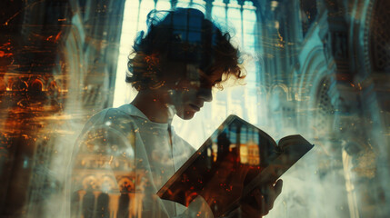 Wall Mural - Young man reading Bible, double exposure with church interior