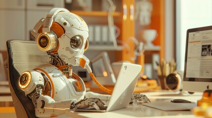 Wall Mural - robot, working at office, go to works, using laptop, hearing telephone, angle from behind, 3D, animation, cartoon, orange tone, background is office 