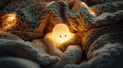 An adorable nightlight lamp casting a warm glow, nestled among soft blankets, creating cozy and whimsical atmosphere in bedroom or baby nursery.