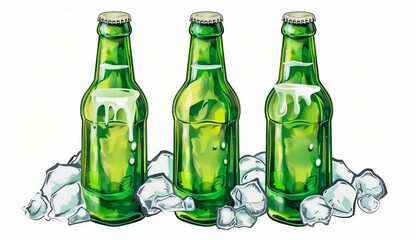 Sticker - Three green bottles of beer with condensation droplets and foam, surrounded by ice cubes. Realistic illustration style suitable for beverage-related marketing and promotional materials. AI