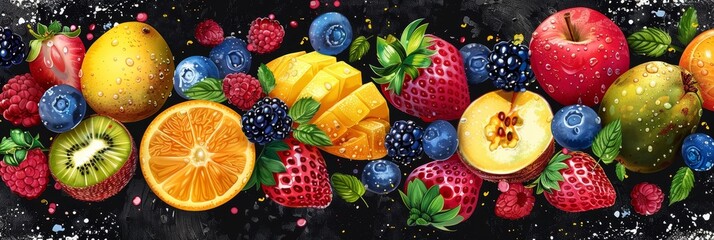 Colorful Fruit Arrangement on Black Background