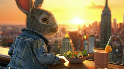 Wall Mural - An endearing 3D animated rabbit in a denim jacket, on a train, looking at the sunset over the cityscape with a smoothie and a small salad.