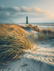 Wall Mural - amazing pictures of a beach,,baltic sea, grass on the beach,blured lighthouse in background,soft light,morning mood,vignette,,8k,ultrarealistic, 