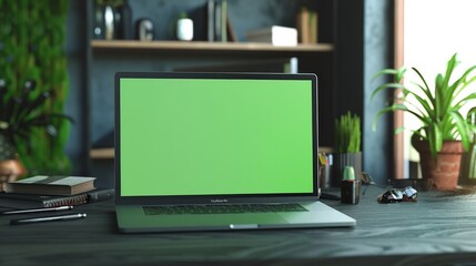 Wall Mural - Mockup of a green screen laptop with workstation and copy space