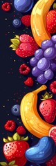 Wall Mural - Colorful Abstract Fruit Background With Bananas, Strawberries, and Grapes