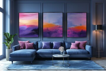Wall Mural - 3 abstract paintings on the wall above the sofa in pastel purple and pink tones, with a light blue background,