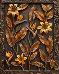 Wall Mural - flora background engrave on a woodden board. Flower wallpaper. AI generated illustration