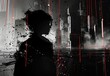 © Nicat - A silhouette stands in a dark, gritty, black-and-white industrial landscape with techno elements and small neon color splashes.