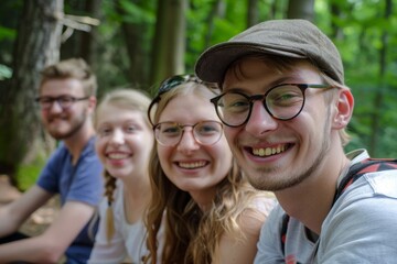 Portrait of a group of friends having fun in the forest.