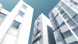 © ak159715 - Low angle,Modern Architecture 3D illustration. Architecture building construction perspective paper cut style, underside view urban building abstract background