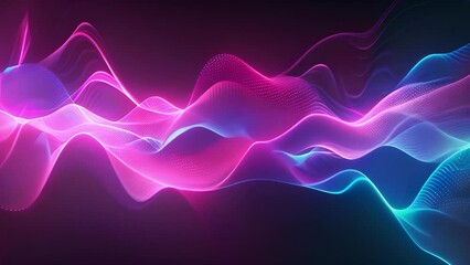Wall Mural - A digital illustration featuring abstract wavy lines of pink and blue light on a dark background.