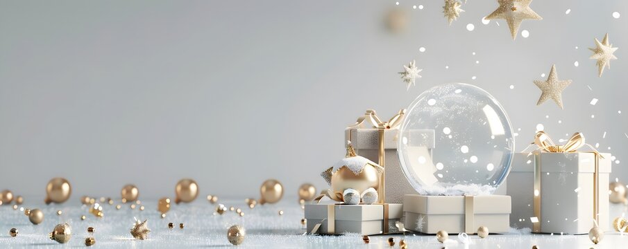 3d rendering of Christmas background with glass snow globe, gift boxes and golden stars on light grey color. Mockup for product presentation.