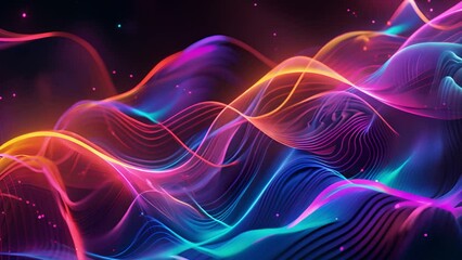 Wall Mural - An abstract image with flowing, colorful waves of light in shades of blue, pink, and orange against a dark background.