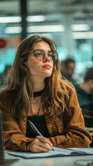 Poster - The woman eagerly takes notes during a training workshop in the office training room