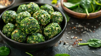 Fresh spinach balls served in a black ceramic bowl alongside raw spinach leaves and sprinkled spices