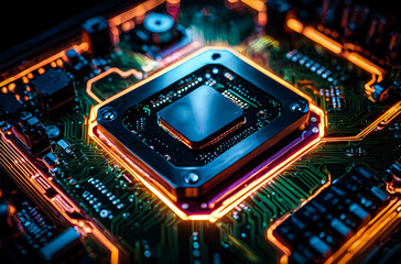 Poster - A processor on a circuit board with pulsating neon lights gives a sense of dynamic energy flow—8k resolution image Generative AI image.
