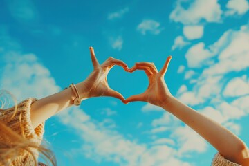 Two girls hands making the shape of the heart in blue sky background. Valentine's Day, romantic love vacation trip