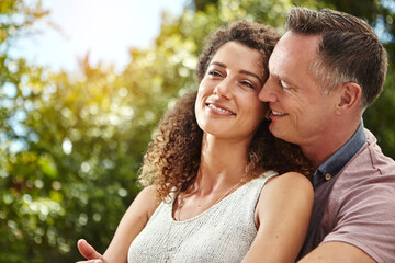 Poster - Smile, couple and hug for marriage bonding with commitment, relationship and connection in backyard. Excited, husband and wife with love embrace for anniversary, time and support together in nature