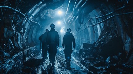 Workers in protective gear are walking towards a bright light in a dark underground mining tunnel