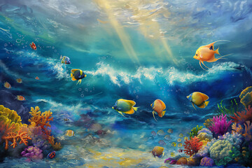 fish in aquarium, vibrant and dynamic world of marine life with this captivating painting featuring colorful fish and rolling waves