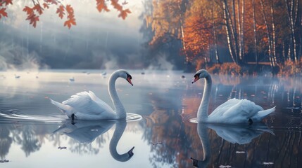 Sticker - Elegant white swans gliding on a tranquil pond