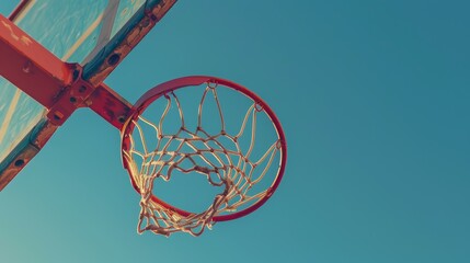 An upward view of an outdoor basketball hoop against a clear blue sky, conveying a sense of sport and play