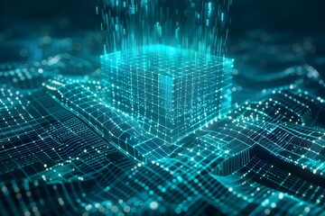 Wall Mural - A cube is floating in a blue ocean of lines. The cube is surrounded by a network of lines that seem to be pulsating and moving. The image gives off a futuristic and technological vibe