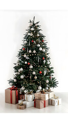 Wall Mural - Decorated Christmas tree with gifts isolated on white background