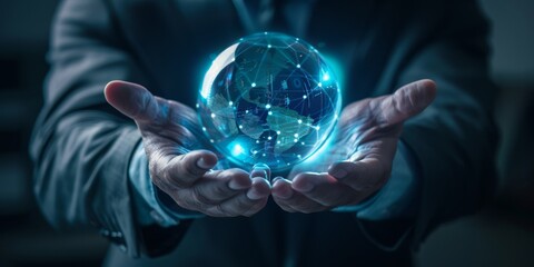 Sticker - A business professional in an office setting, holding and looking at a glowing crystal ball with digital data inside, symbolizing future trends for the global tech landscape.