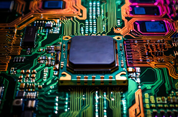 Wall Mural - An extreme closeup of a central processor unit (CPU) mounted on a vibrant, multi-colored circuit board Generative AI image.
