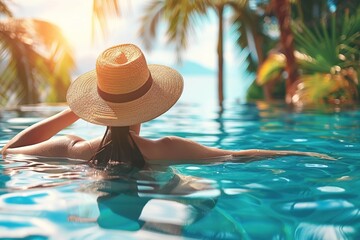 Wall Mural - Woman enjoying vacation holidays at luxurious beachfront hotel resort with swimming pool and tropical landscape near the beach