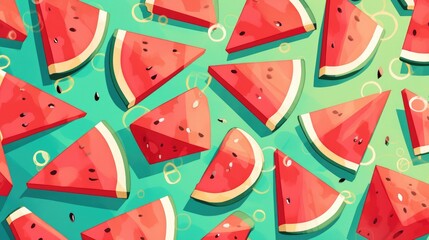 Poster - A trendy illustration featuring a stylish 2d pattern of watermelon slices set against a vibrant green backdrop