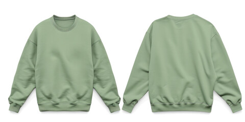 Wall Mural - A pistachio-colored sweatshirt is displayed from both front and back views. The sweatshirt has a simple, classic design with long sleeves, ribbed cuffs, and hem, made of a textured fabric