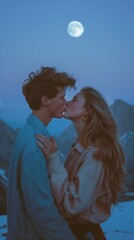 Wall Mural - A man and a woman kissing in front of a full moon