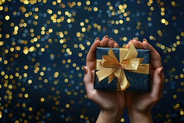 Sticker - Woman hands holding elegant present gift box with golden ribbon on navy blue background with gold bokeh