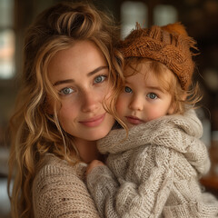 Wall Mural -  beautiful blonde woman in her mid30s, holding an adorable toddler girl with curly hair and blue eyes wearing a knitted hat.