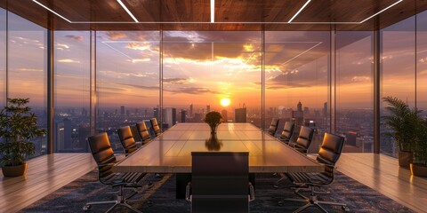 Wall Mural - A large board room with a long table and black chairs, floor to ceiling windows overlooking the city skyline at sunset. Modern design style furniture and a large wooden desk