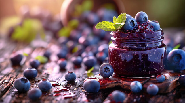 Luscious blueberry jam spilling from a jar surrounded by fresh berries and leaves on a rustic wooden surface