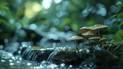 Wall Mural - a small stream trickling past a group of mushroom rocks adding to the serene and peaceful atmosphere