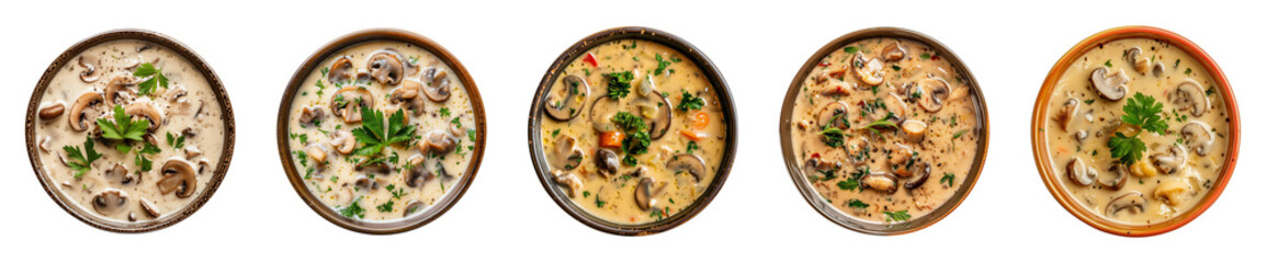 Wall Mural - Collection bowl of tasty mushroom soup isolated on a transparent background, top view, cut out, PNG