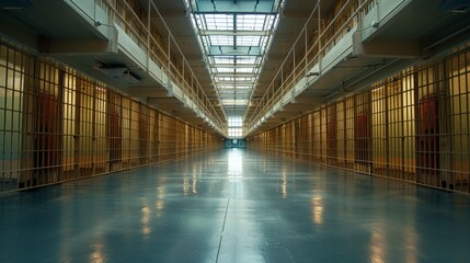 The photo captures a modern prison corridor with a reflective shiny floor and rows of cells with bars under bright artificial lighting