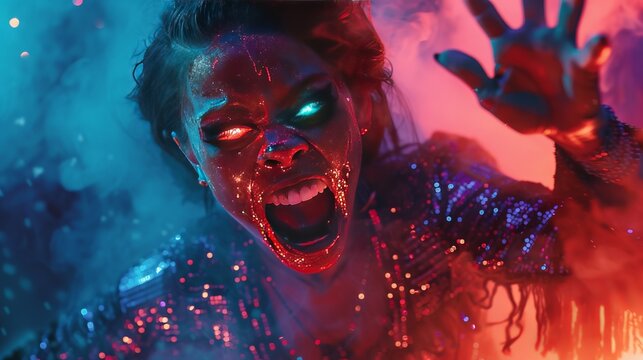 A person with glowing eyes gives a fierce expression amidst vibrant red and blue lighting