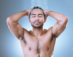 Sticker - Shower, hair care and face of man with water splash for hygiene, grooming or shampoo on studio background. Wash, body and Asian model with eyes closed for treatment, wellness or morning routine