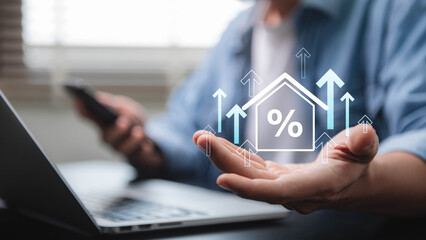 Aufkleber - Real Estate Market Growth: Business Professional Using Digital Technology and Data Analysis for Property Investment and Percentage Increase in a Modern Workspace